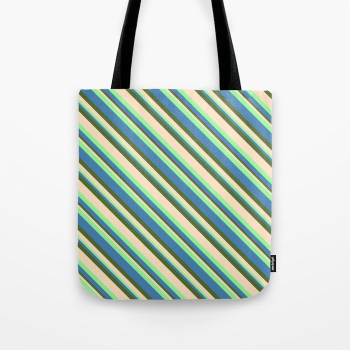 Green, Blue, Dark Olive Green, and Bisque Colored Striped/Lined Pattern Tote Bag