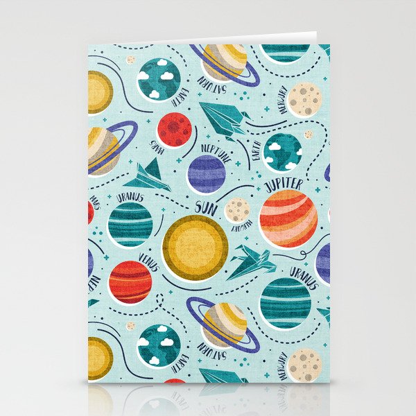 Paper space adventure I // aqua background multicoloured solar system paper cut planets origami paper spaceships and rockets Stationery Cards