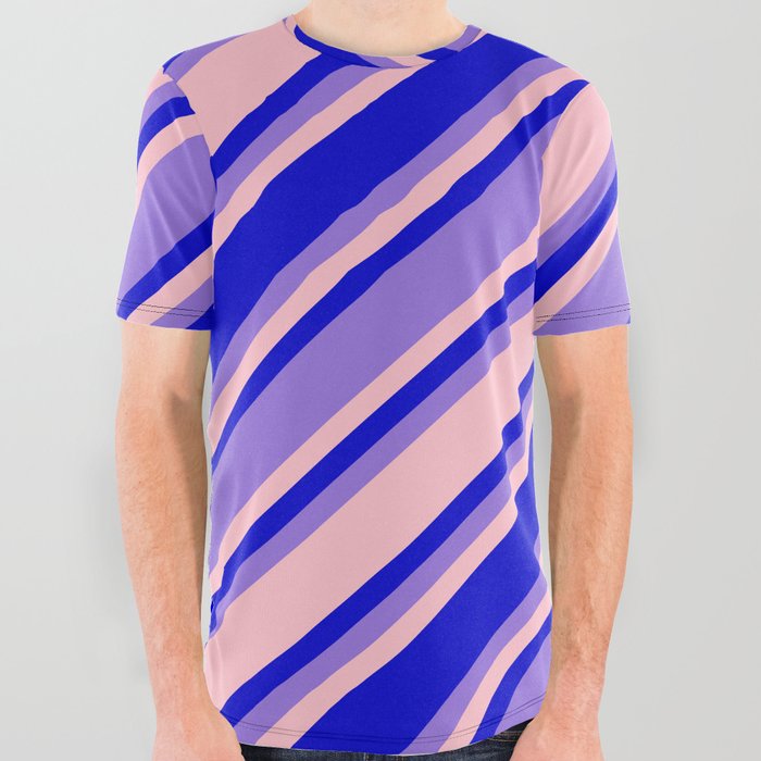 Pink, Blue, and Purple Colored Pattern of Stripes All Over Graphic Tee