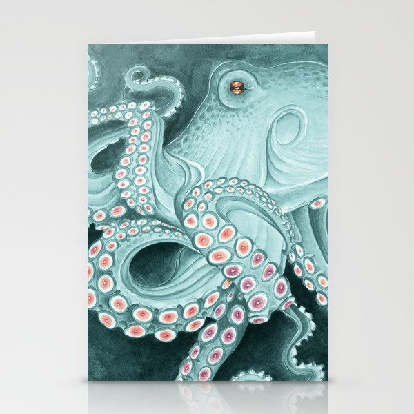 Cyan Green Teal Tentacles Pink Octopus Kraken Watercolor Art Stationery Cards