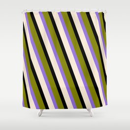 [ Thumbnail: Green, Purple, Beige, and Black Colored Stripes/Lines Pattern Shower Curtain ]