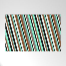 [ Thumbnail: Eyecatching Aquamarine, Gray, Brown, Mint Cream, and Black Colored Striped/Lined Pattern Welcome Mat ]