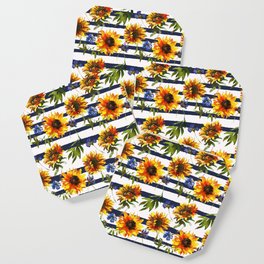 Stripes and Sunflowers Coaster | Painting, Natural, Black And White, Stripes, Pattern, Simplemoderndesign, Botanicalfoliage, Watercolor, Sunflowers, Pop Art 