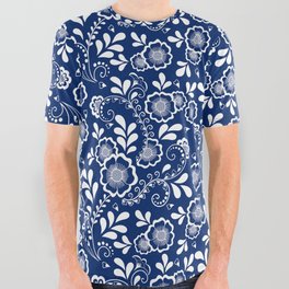 Blue And White Eastern Floral Pattern All Over Graphic Tee
