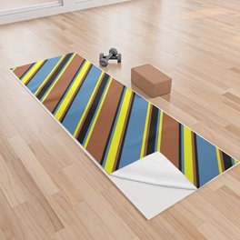 [ Thumbnail: Sienna, Yellow, Blue, and Black Colored Lines/Stripes Pattern Yoga Towel ]
