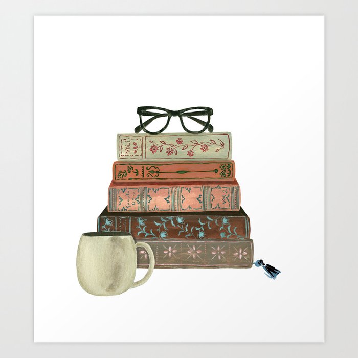Books & Coffee by Lindsay Brackeen Art Print | Book-themed Art Prints | Art Prints for Bookworms | Art Prints for Readers | Sincerely Yasmin