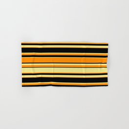 [ Thumbnail: Dark Orange, Black, and Tan Colored Lines Pattern Hand & Bath Towel ]