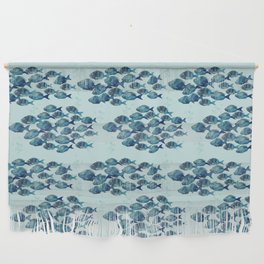 seamless pattern of schools of fish in blue with gray colors Wall Hanging