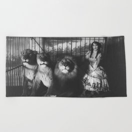 Adjie and the lions; Victorian woman in a cage with lions black and white photograph - photography - photographs Beach Towel