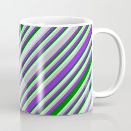 [ Thumbnail: Grey, Purple, Green & Lavender Colored Lines/Stripes Pattern Coffee Mug ]