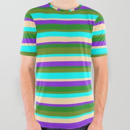 [ Thumbnail: Vibrant Tan, Purple, Forest Green, Green & Aqua Colored Striped/Lined Pattern All Over Graphic Tee ]