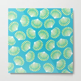 Blue and Lime Green Sea Scallop Shell Pattern Metal Print
