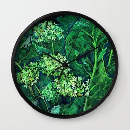 Hydrangea and Horseradish, Floral Art Pastel Painting Black Green Wall Clock | Nature, Flower, Lush, Leaves, Contemporary, Floral, Painting, Abundance, Garden, Hortensia 