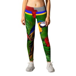 GREY RED HIBISCUS GOLD MACAW JUNGLE ART Leggings | Colored Pencil, Redhibuscus, Nature, Goldmacaws, Jungleart, Parrots, Acrylic, Pattern, Red, Bluemacaws 