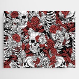 Skulls and Flowers Black White Red Vintage Jigsaw Puzzle