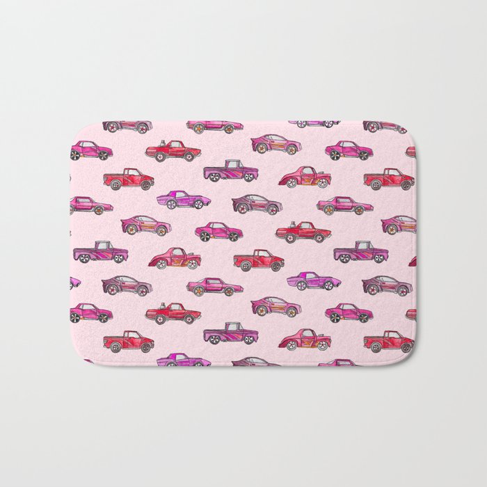 Little Toy Cars in Watercolor on Pink Bath Mat