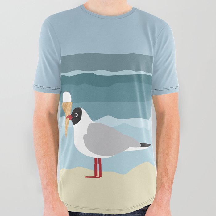 Cute seagull with ice cream by the sea All Over Graphic Tee