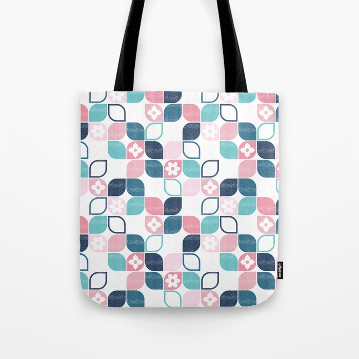 Pink Blue 70s Distressed Retro Flowers Tote Bag