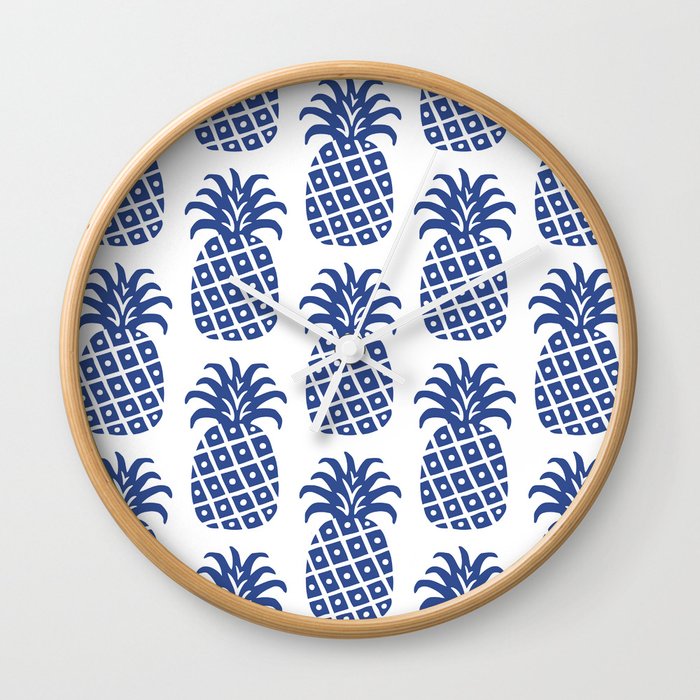 Retro Mid Century Modern Pineapple Pattern Blue Wall Clock