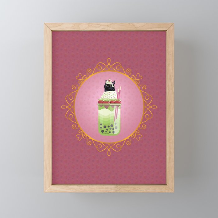 Black Cat Matcha Boba Tea (Red Background) Framed Mini Art Print