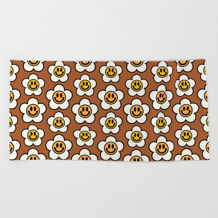 Bold And Funky Flower Smileys Pattern (Ginger Bread BG color) Beach Towel