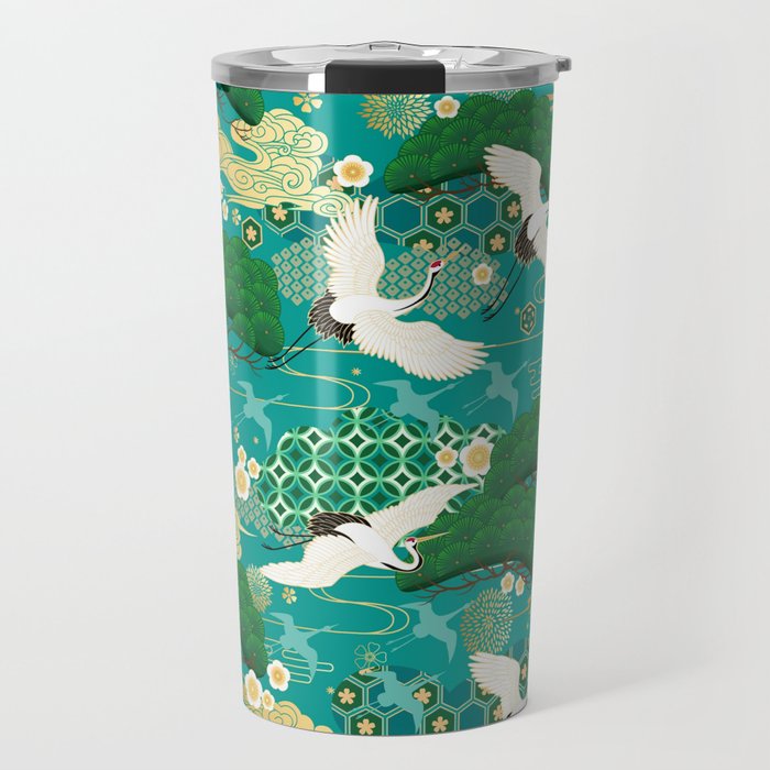 Japanese Flying Crane Aqua Mint Forest Pattern Travel Mug