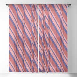 [ Thumbnail: Light Coral, Midnight Blue, and Red Colored Stripes/Lines Pattern Sheer Curtain ]