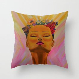Golden Woman, Herbal Flower Crown, Bee and Butterfly, Beauty Aesthetic Art Throw Pillow