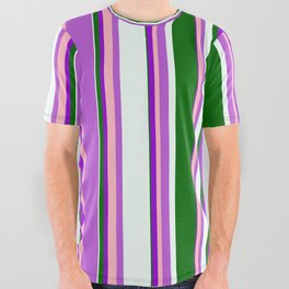 [ Thumbnail: Eyecatching Orchid, Light Pink, Dark Violet, Dark Green & Mint Cream Colored Lines/Stripes Pattern All Over Graphic Tee ]