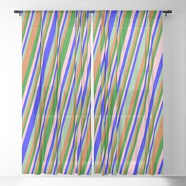 [ Thumbnail: Eyecatching Pink, Blue, Dark Sea Green, Chocolate, and Green Colored Pattern of Stripes Sheer Curtain ]