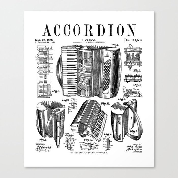Accordion Player Accordionist Instrument Vintage Patent Canvas Print
