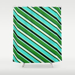 [ Thumbnail: Turquoise, Beige, Forest Green, and Black Colored Lined Pattern Shower Curtain ]