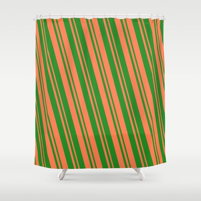 Forest Green & Coral Colored Lines Pattern Shower Curtain
