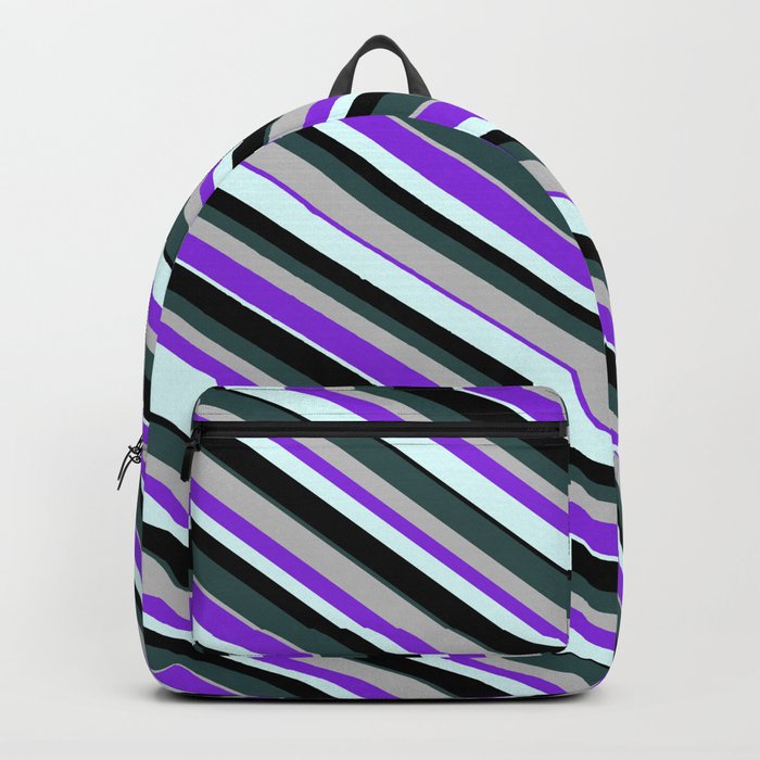 Eye-catching Dark Slate Gray, Grey, Purple, Light Cyan, and Black Colored Lines Pattern Backpack