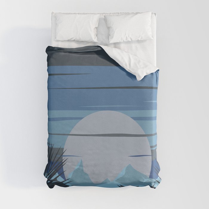 Minimalistic Moody Blue Moonrise In Tropical Mountains Landscape Duvet Cover