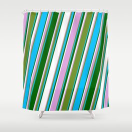 [ Thumbnail: Eye-catching Plum, Green, Deep Sky Blue, Dark Green, and White Colored Lined/Striped Pattern Shower Curtain ]
