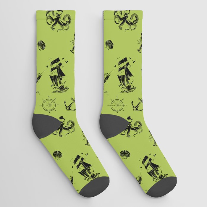 Light Green And Black Silhouettes Of Vintage Nautical Pattern Socks