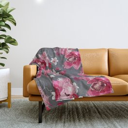 Pink orchids flowers, paint pattern pink and gray Throw Blanket