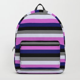 [ Thumbnail: Colorful Orchid, Midnight Blue, Black, Grey, and Lavender Colored Pattern of Stripes Backpack ]