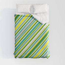 [ Thumbnail: Eyecatching Yellow, Forest Green, Mint Cream, Light Sea Green, and Light Grey Colored Lined Pattern Duvet Cover ]
