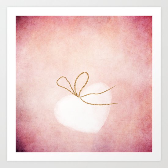 LOVE in pink - Watercolor heart with gold bow on pink backround Art Print