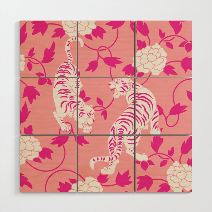 Pink Tigers, Chinese Tiger Pattern Wood Wall Art
