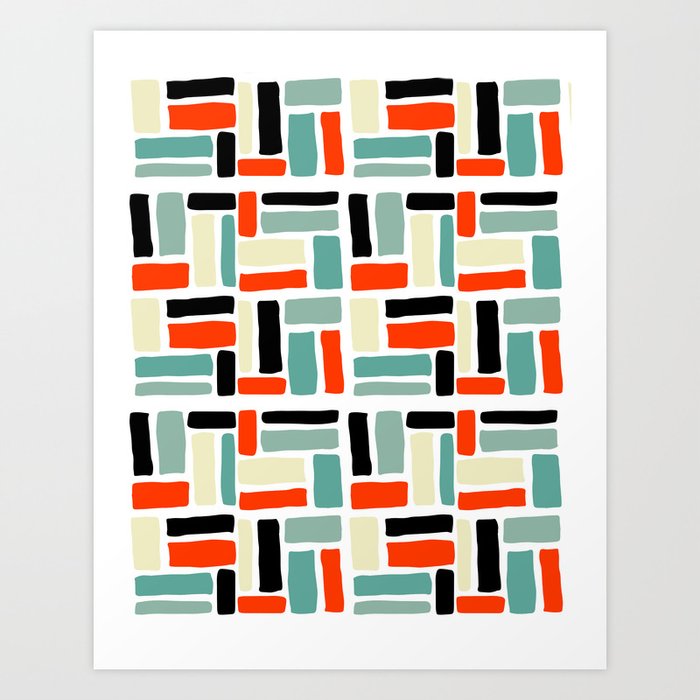 Midcentury Modern Colorful Abstract Stripes And Strokes Pattern Art Print