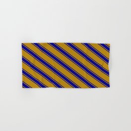 [ Thumbnail: Dark Goldenrod and Dark Blue Colored Stripes/Lines Pattern Hand & Bath Towel ]