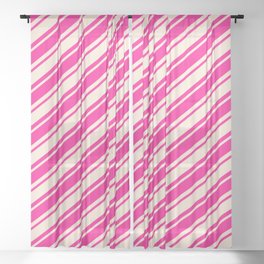 [ Thumbnail: Beige and Deep Pink Colored Striped/Lined Pattern Sheer Curtain ]