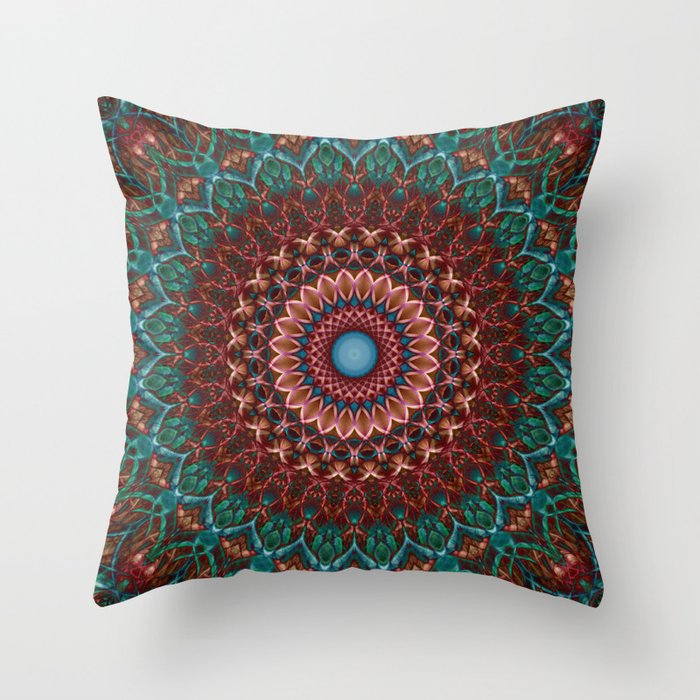 Turquoise and red mandala Throw Pillow