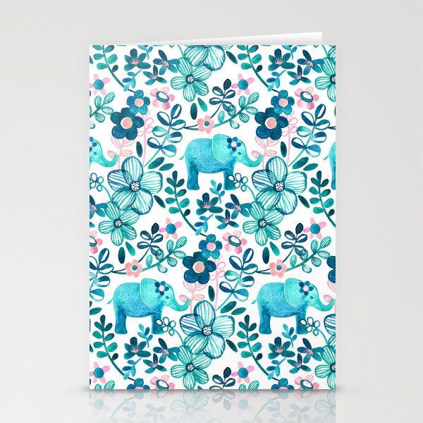 Dusty Pink, White and Teal Elephant and Floral Watercolor Pattern Stationery Cards