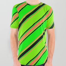 [ Thumbnail: Lime, Coral, Green, and Black Colored Lined Pattern All Over Graphic Tee ]