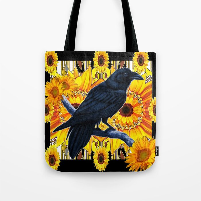 GRAPHIC BLACK CROW & YELLOW SUNFLOWERS ABSTRACT Tote Bag