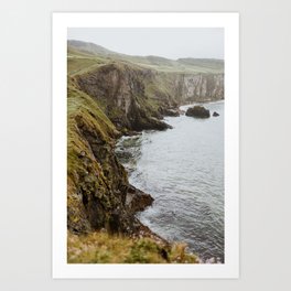 Moody Fog Coast Landscape Print, Ocean crashing on cliff edge & rocks from Ireland, UK | Modern & Calm Travel Photography, Wall Decor Art Print
